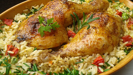 Oběd na neděli: Kuřecí stehna pečená s rýží v jednom pekáčku nadchnou celou rodinu!