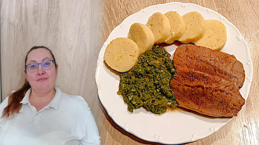 Hovězí pečená loupaná plec na česneku s bramborovým knedlíkem a dušeným špenátem jako tip na nedělní oběd