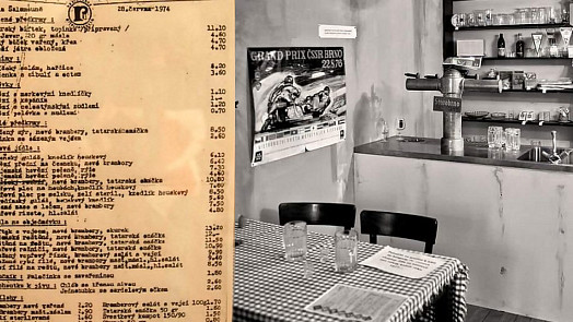 Jídelní lístek z roku 1974: Smažený řízek stál 9,90 Kčs, okurkový salát byl za 1,50 Kčs a nejdražší biftek s vejcem za 13 Kčs