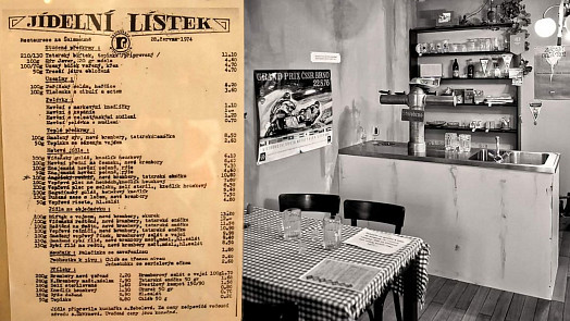 Jídelní lístek z roku 1974: Smažený řízek stál 9,90 Kčs, okurkový salát byl za 1,50 Kčs a nejdražší biftek s vejcem za 13 Kčs