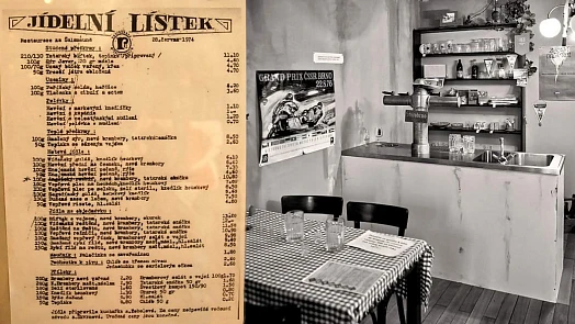 Jídelní lístek z roku 1974: Smažený řízek stál 9,90 Kčs, okurkový salát byl za 1,50 Kčs a nejdražší biftek s vejcem za 13 Kčs