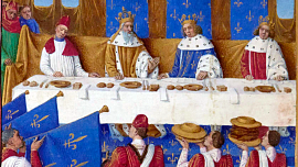 Francouzské středověké hostiny: Na talířích z tvrdého chleba se podával pečený páv či zvěřina, zeleninou šlechta opovrhovala