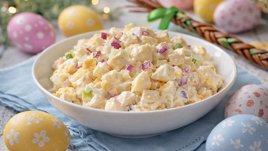 Klasický vajíčkový salát doplňte kuřecím masem a sýrem.