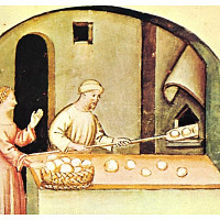 Pečení chleba v peci ve 14. století. (zdroj: Wikimedia Commons/unknown master - book scan, Public Domain)