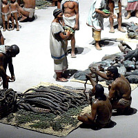 Rekonstrukce aztéckého trhu. (zdroj: Wikimeda Commons/National Museum of Anthropology in Mexico City. Wolfgang Sauber - Own work, CC BY-SA 3.0)