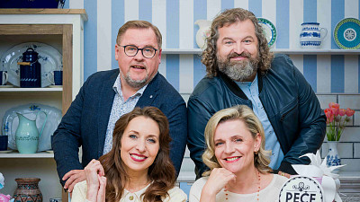 Tereza Bebarová, Míša Landová, Josef Maršálek a Václav Kopta se těší na start nové řady Peče celá země. Zdroj: se souhlasem České televize