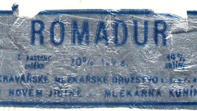 Etiketa Romaduru, Kravařské mlékárenské družstvo, 40. léta. Zdroj: se souhlasem Mlékárny Kunín, sbírky sýrových etiket Laktos collection