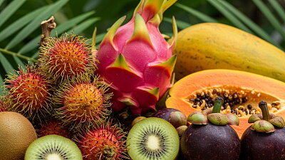 Tropické ovoce: kiwi, papája, rambutan, dračí ovoce a mučenka Zdroj: Shutterstock