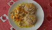 Kuřecí kousky nažluto (kousky s mandarinkami a rýží s kukuřicí)