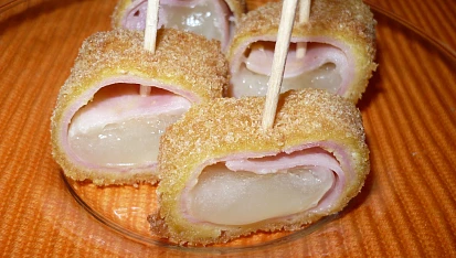 Smažené tvarůžky se šunkou, Na řezu - jednohubky