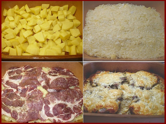 Vepřové maso na bramborách  a květáku v římském hrnci, Postup. Na maso se ještě dá nastrouhaný sýr.