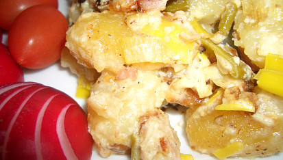 Gnocchi zapečené se smetanou, pórkem a anglickou slaninou