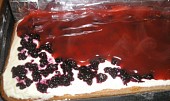 Tvarohový koláč s ovocem a želatinou (Rovnomerne polejeme koláč prvou polevou)