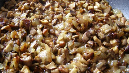 Nudle zapečené s houbami, podušené houby