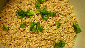 Rýže zapečená s vepřovým, chřestem a žampiony, rýže s bazalkou