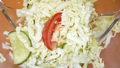 Mísa plná vitamínů, pekingské zelí, okurky, rajčata, paprika