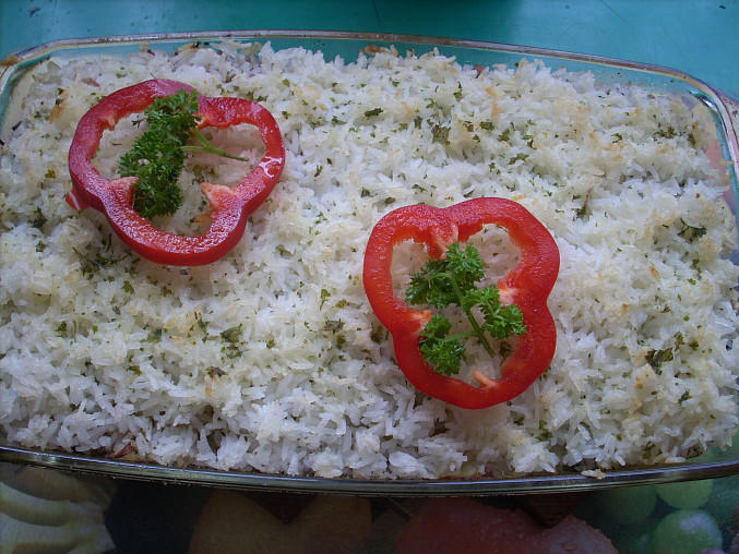 Pórek zapečený s rýží a uzeným masem