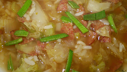 Kapustovo-brokolicová polévka s rýží a uzeninkou, detail polévky
