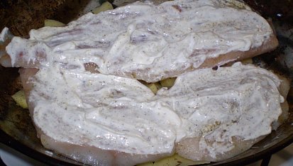 Pangasius s majolkou(tatarkou), ryba potřená majolkou....