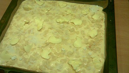 Bienenstich-Včelí píchnutí, před upečením pokladené másl.vločkami