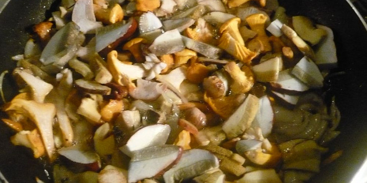 Pikantní houbová směs (Na orestovanou cibuli přidáme houby.)