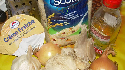 Risotto s hlívou ústřičnou, hráškem a crème frâiche, ingredience na risotto