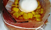 Pangasius zapečený s kukuřicí a mozzarellou, odstraněna sklenice a naplněno kuku a mozza