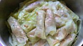 Mahshi cromb - plněné zelné listy směsí rýže (egyptský recept) (na stonky naukladáme do vrstiev plnené kapustné listy)