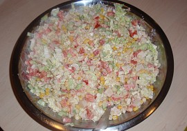 Barevný salát z krabích tyčinek (pro větší barvenost jsme tam přidali kukuřici, okurku, ledový salát, rajčata - no prostě jakoukoliv zeleninu co jsme našli :))