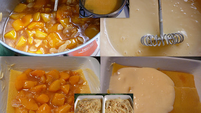Broskvové cannelloni, broskvová směs; pudink s vejcem; vrstvení...
