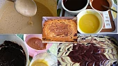Mramorové brownies, našlehaná vejce+třtin.cukr/rozpušt.čoko+máslo/těsta-přimíchaná mouka 