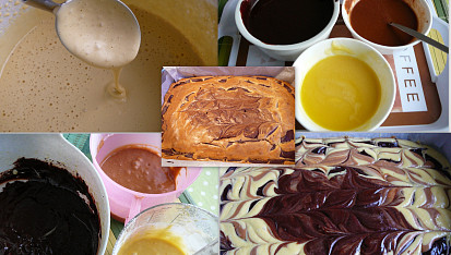 Mramorové brownies, našlehaná vejce+třtin.cukr/rozpušt.čoko+máslo/těsta-přimíchaná mouka 