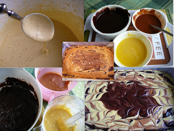 Mramorové brownies, našlehaná vejce+třtin.cukr/rozpušt.čoko+máslo/těsta-přimíchaná mouka 