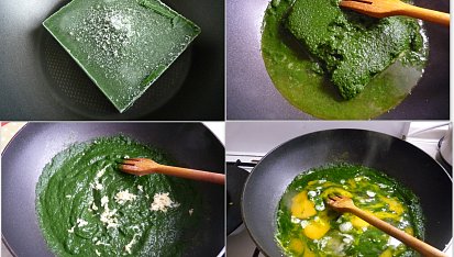 Špenátová večeře "za babku", zmrzlý špenát na pánev/rozmrazujeme/přidáme česnek/zamícháme vejce