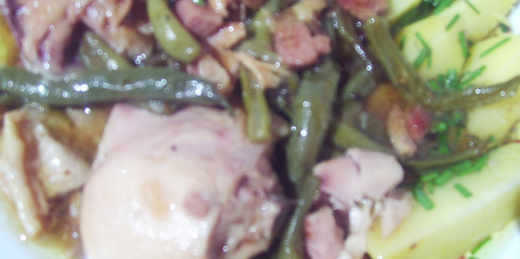 Kuřecí maso na zelených fazolkách, houbách a kopru (detail...)