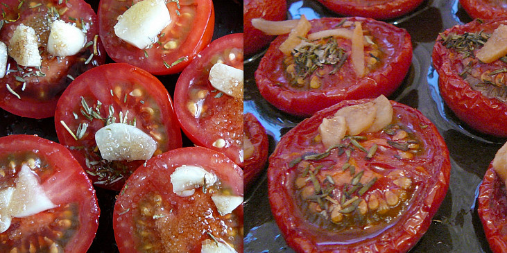 Pečená rajčata ve vlastní šťávě (vlevo před pečením/vpravo upečeno)