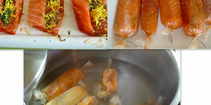 Ryba na bramborovém pyré s omáčkou (vařený losos v potravin.folii)