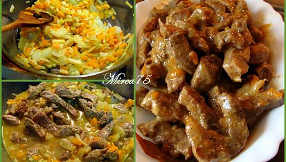 Vepřové nudličky s vůní nového koření a zakysanou smetanou, Restování zeleniny + před vložením do trouby + hotové maso