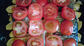 Zapečený kapr s bramborama a rajčaty