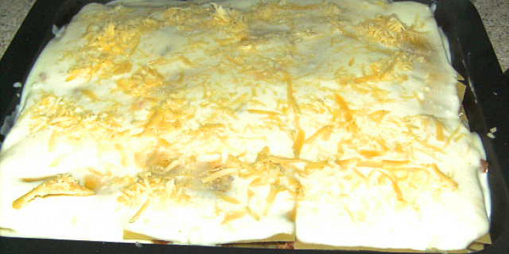 Lasagne s mletým masem a žampiony (před pečením)