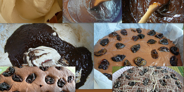 Čoko-dortík se sušenými švestkami (sníh s cukrem/čoko-směs/čoko-směs po vychl./vše…)