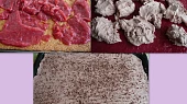 Čokoládovo-rybízové řezy, na piškot nejprve pudinková vrstva, potom kakaová šlehačka