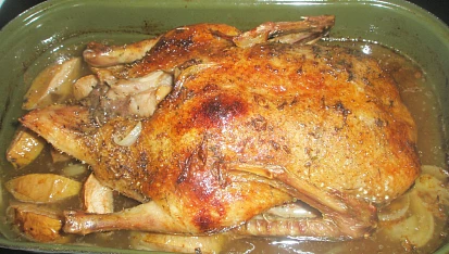 Kachna s jablky a cibulí, ...a upečená