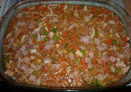 Zapečené těstovinové kuřecí "rizoto" (před pečením)