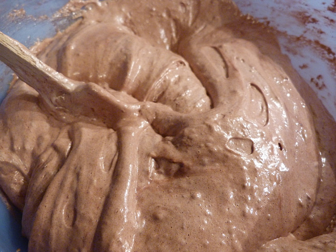 Kakaový olejový korpus na dort, těsto je promíchané, lehké, stále našlehané