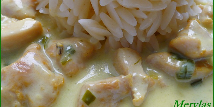 Kuřecí kari nudličky se sýrem a pórkem na smetaně (S těstovinovou rýží.)