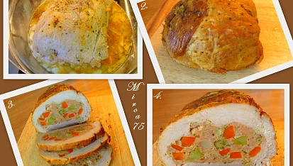 Plněná vepřová kýta Izrael, 1. po opečení masa, 2. po vyjmutí , 3.+4. při porcování
