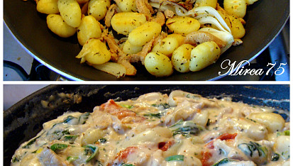 Sojové nudličky s gnocchi a zakysanou smetanou, Při restování a po odstavení z tepla.