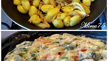 Sojové nudličky s gnocchi a zakysanou smetanou, Při restování a po odstavení z tepla.