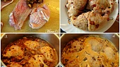 Houbové vepřové kapsy pečené s Camembertem, smetanou a rozmarýnem, 1. pokládání směsi, 2. opečené kapsy, 3. po podlití vodou, 4. ..a smetanou